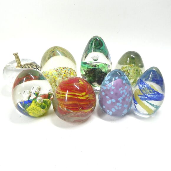 Art Glass Paperweights Lot of 8 Egg Sphere Swirl Bubbles Colorful - Picture 1 of 5